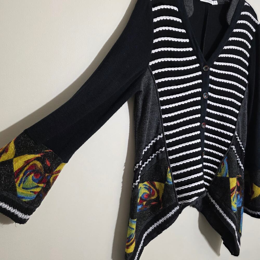 Adore asymmetrical striped wide colorful metallic sleeve button sweater woman L - Picture 4 of 13